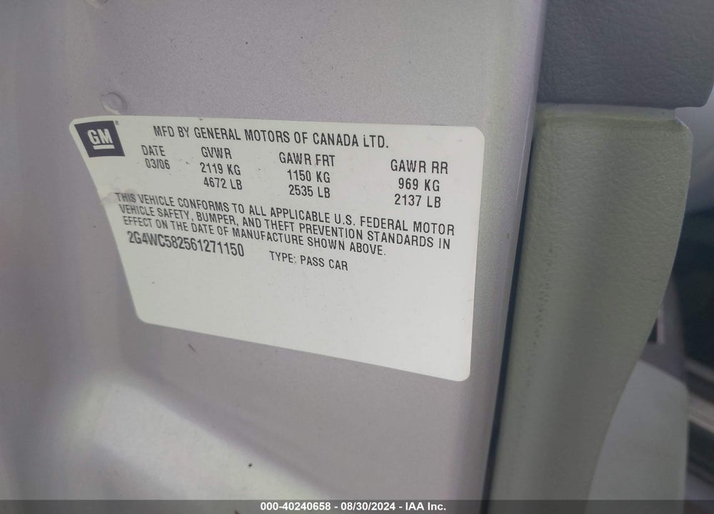 2006 BUICK LACROSSE CX VIN: 2G4WC582561271150
