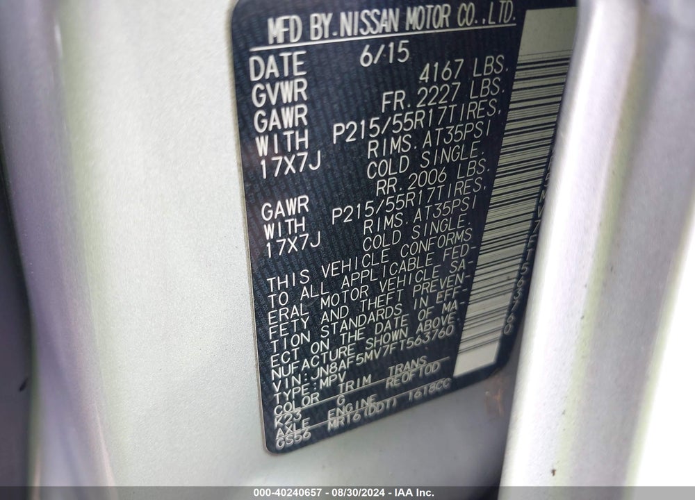 2015 NISSAN JUKE S VIN: JN8AF5MV7FT563760