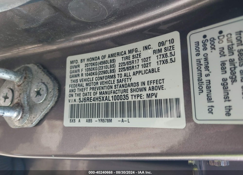 2010 HONDA CR-V EX VIN: 5J6RE4H5XAL100035