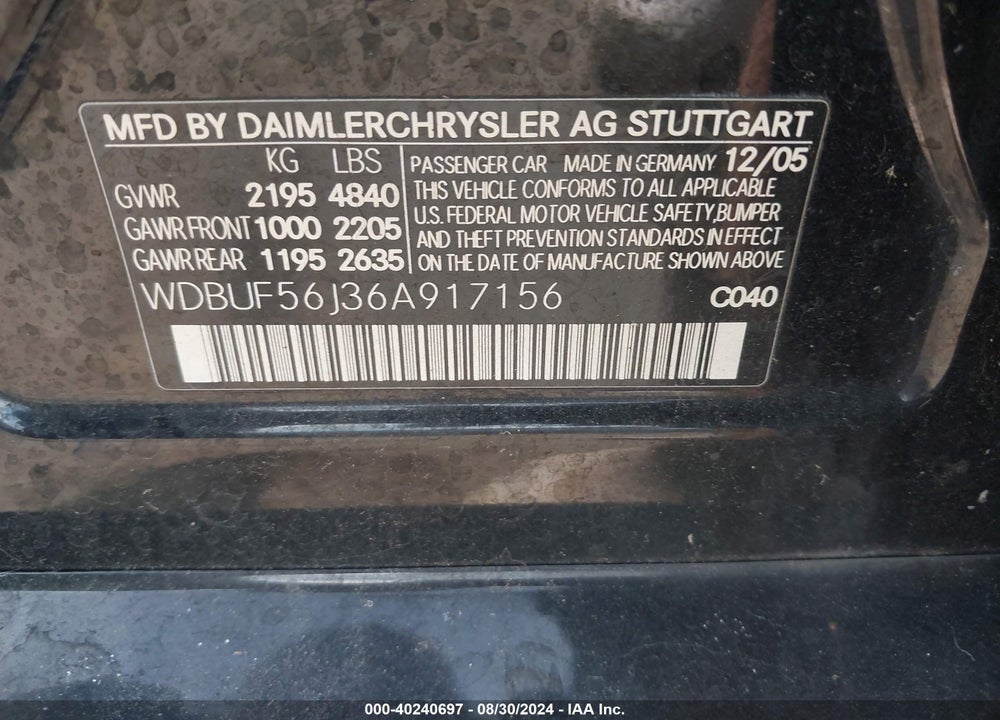 2006 MERCEDES-BENZ E 350 VIN: WDBUF56J36A917156