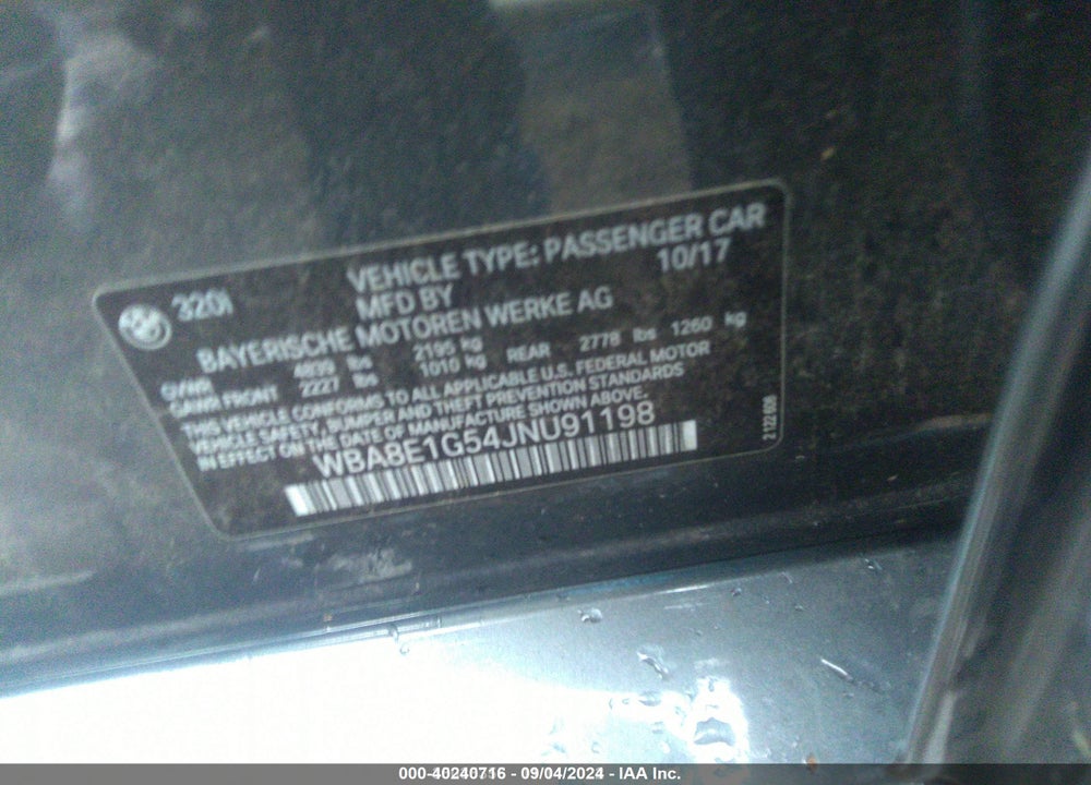 2018 BMW 320I VIN: WBA8E1G54JNU91198