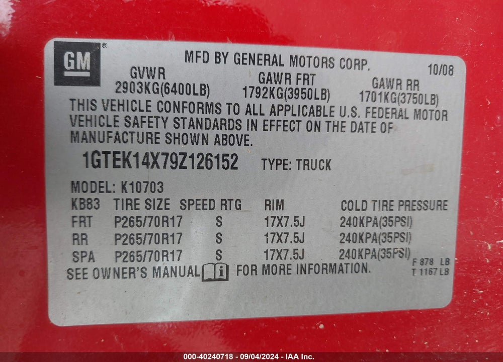 2009 GMC SIERRA 1500 WORK TRUCK VIN: 1GTEK14X79Z126152