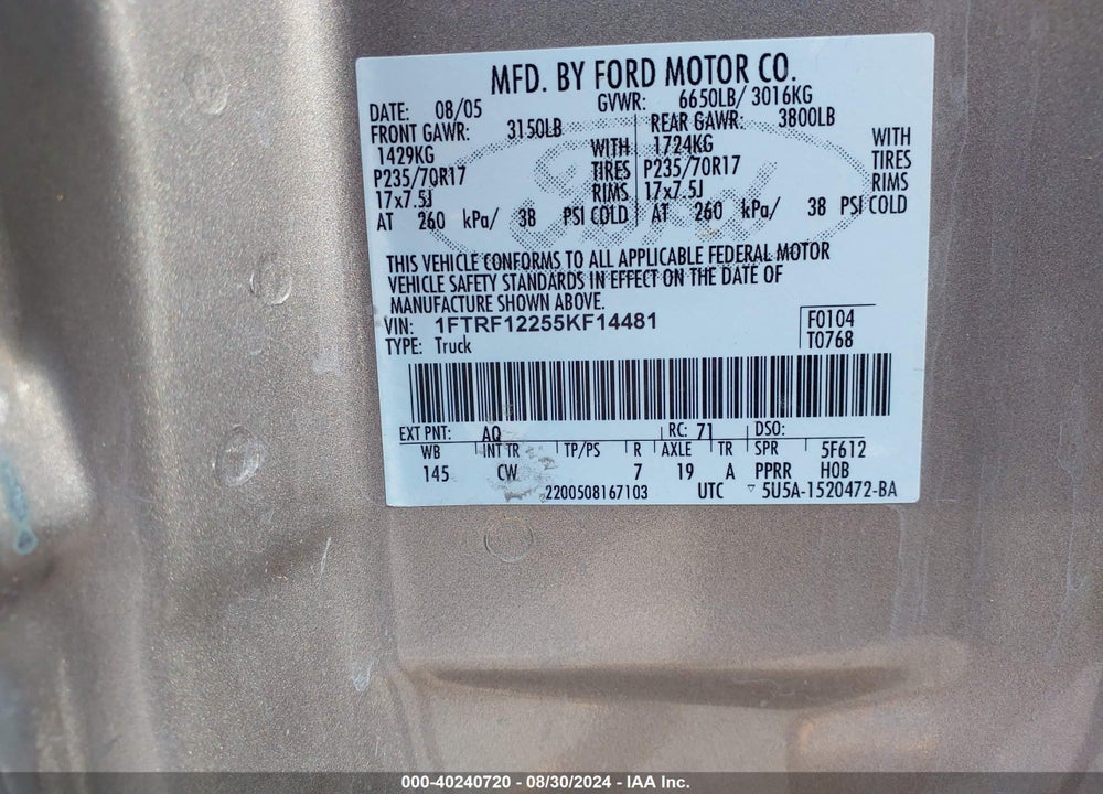 2005 FORD F-150 STX/XL/XLT VIN: 1FTRF12255KF14481