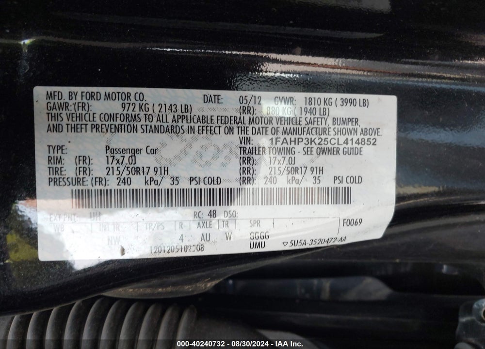 2012 FORD FOCUS SE VIN: 1FAHP3K25CL414852