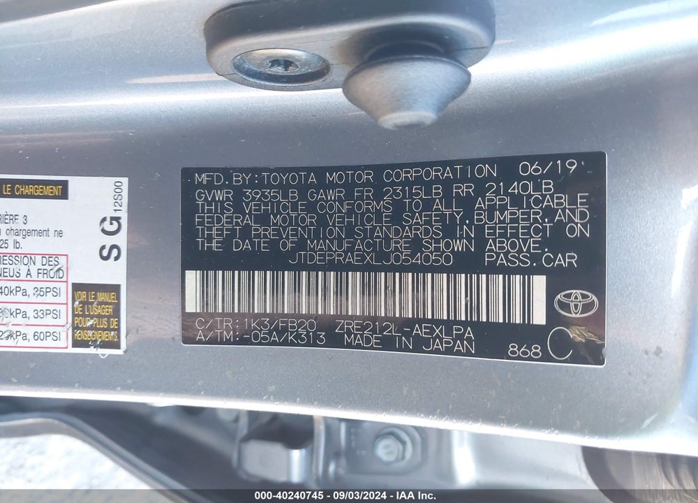 2020 TOYOTA COROLLA LE VIN: JTDEPRAEXLJ054050