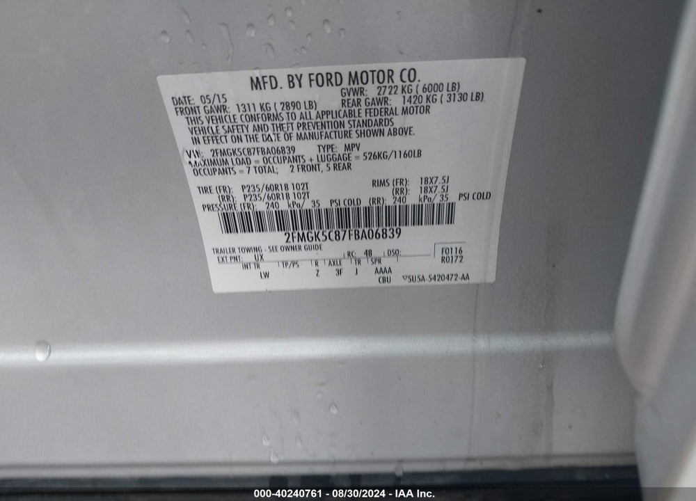 2015 FORD FLEX SEL VIN: 2FMGK5C87FBA06839