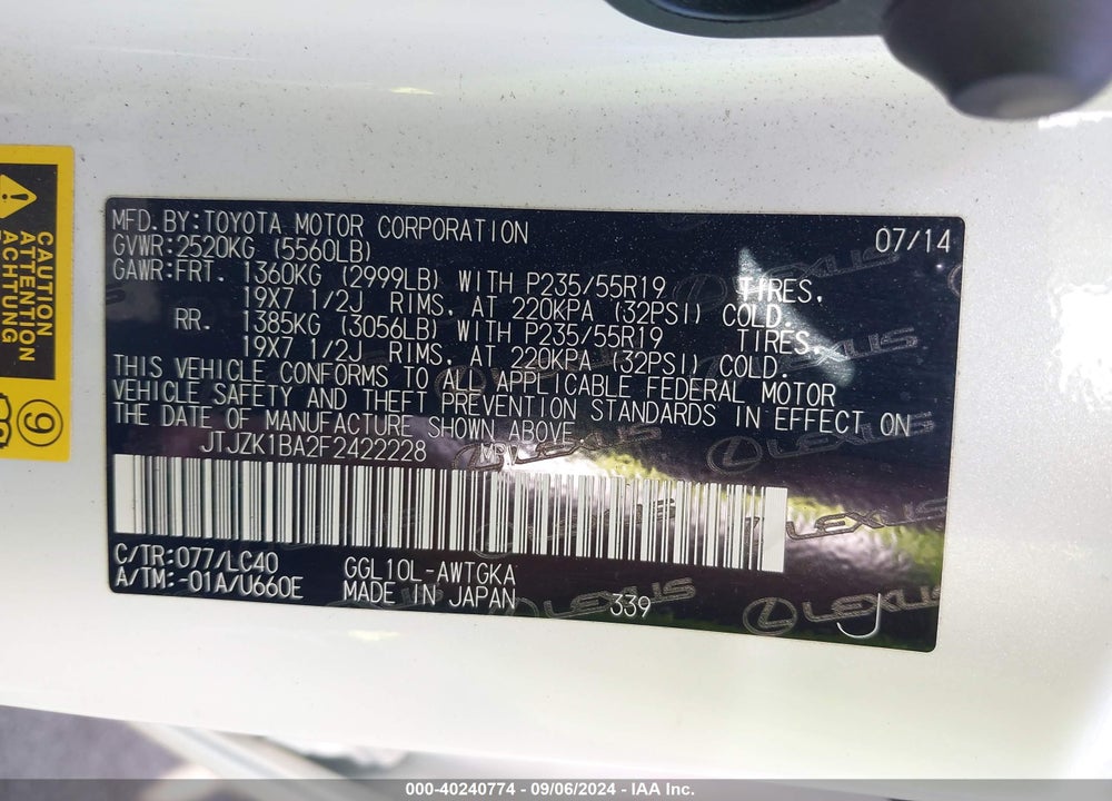 2015 LEXUS RX 350 VIN: JTJZK1BA2F2422228