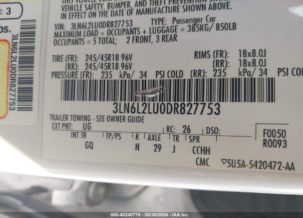 2013 LINCOLN MKZ VIN: 3LN6L2LU0DR827753