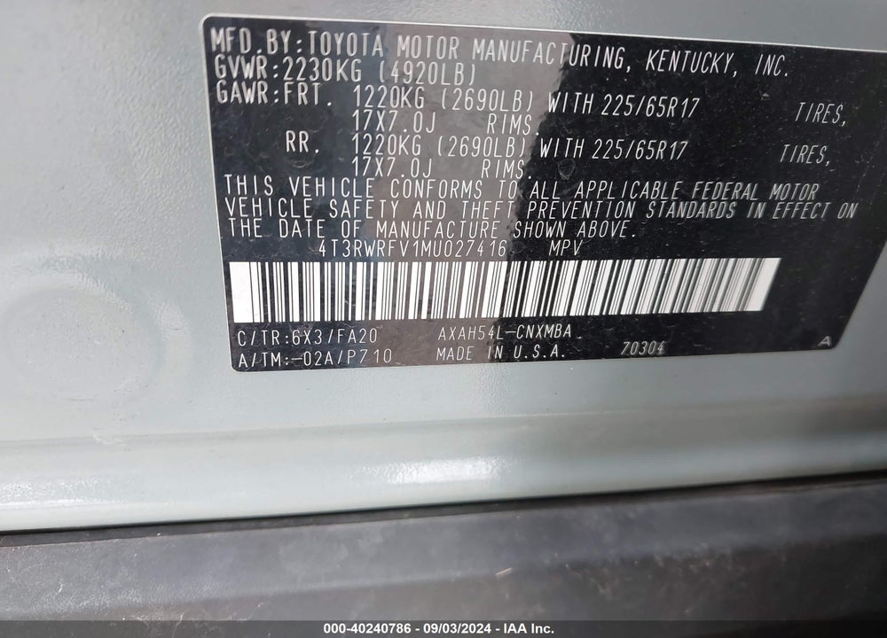 2021 TOYOTA RAV4 HYBRID XLE VIN: 4T3RWRFV1MU027416