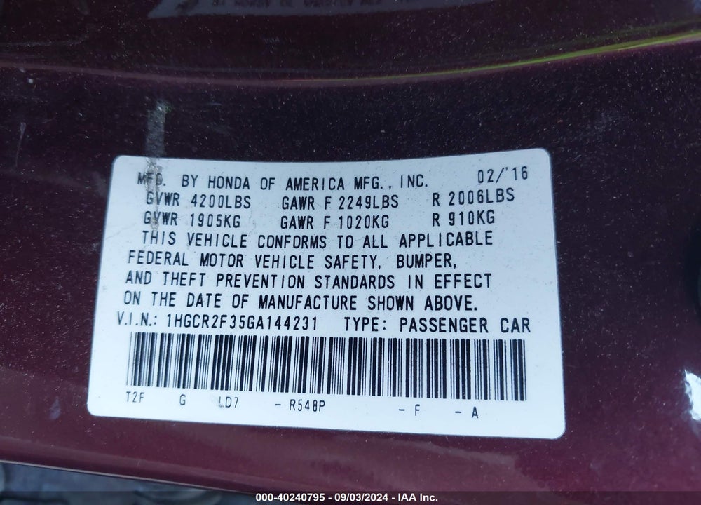 2016 HONDA ACCORD LX VIN: 1HGCR2F35GA144231