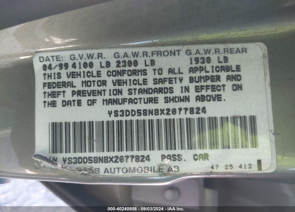 1999 SAAB 9 3 VIN: YS3DD58N8X2077824