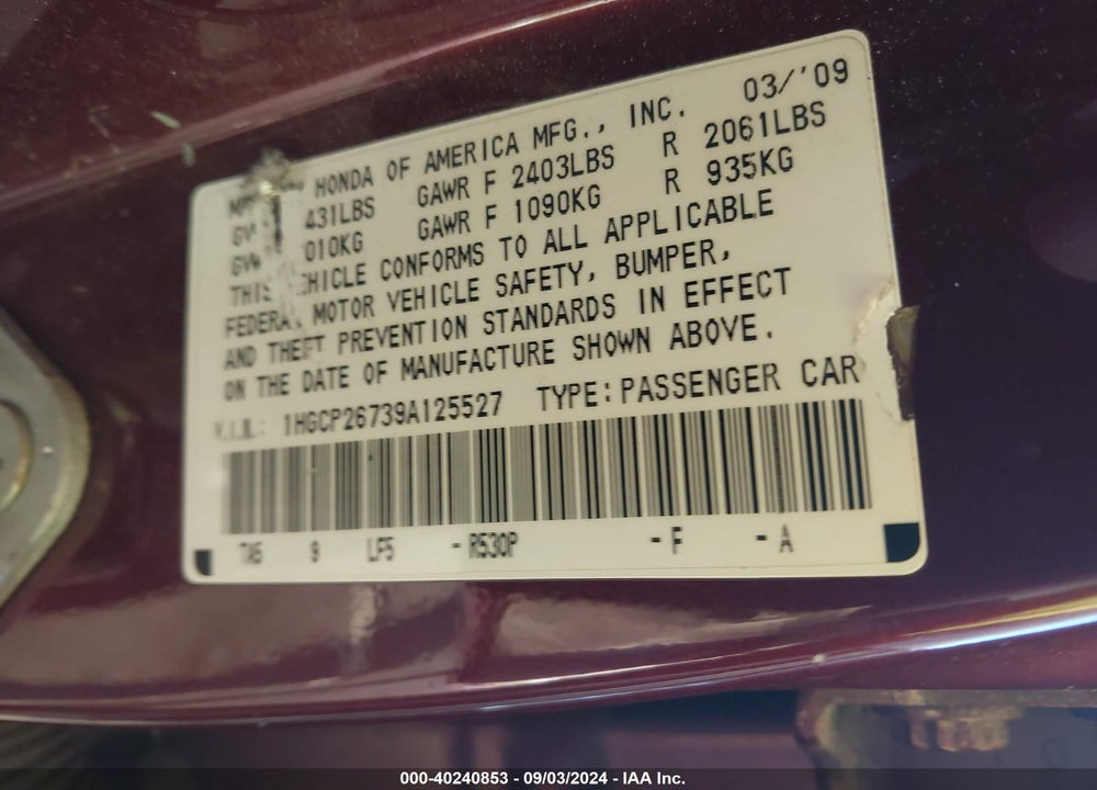 2009 HONDA ACCORD 2.4 EX VIN: 1HGCP26739A125527