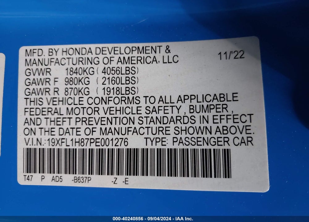 2023 HONDA CIVIC SPORT TOURING VIN: 19XFL1H87PE001276
