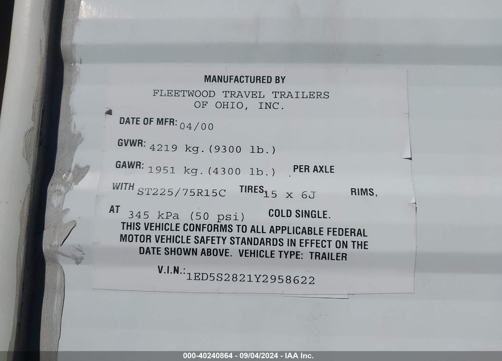 2000 WILDERNESS TRAILER VIN: 1ED5S2821Y2958622