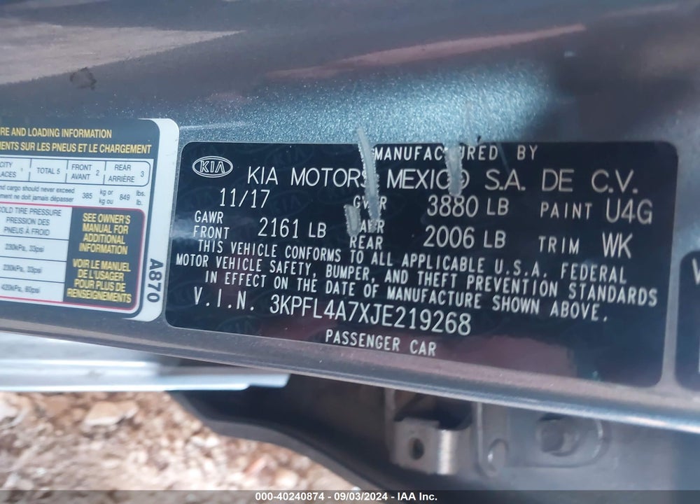 2018 KIA FORTE S VIN: 3KPFL4A7XJE219268