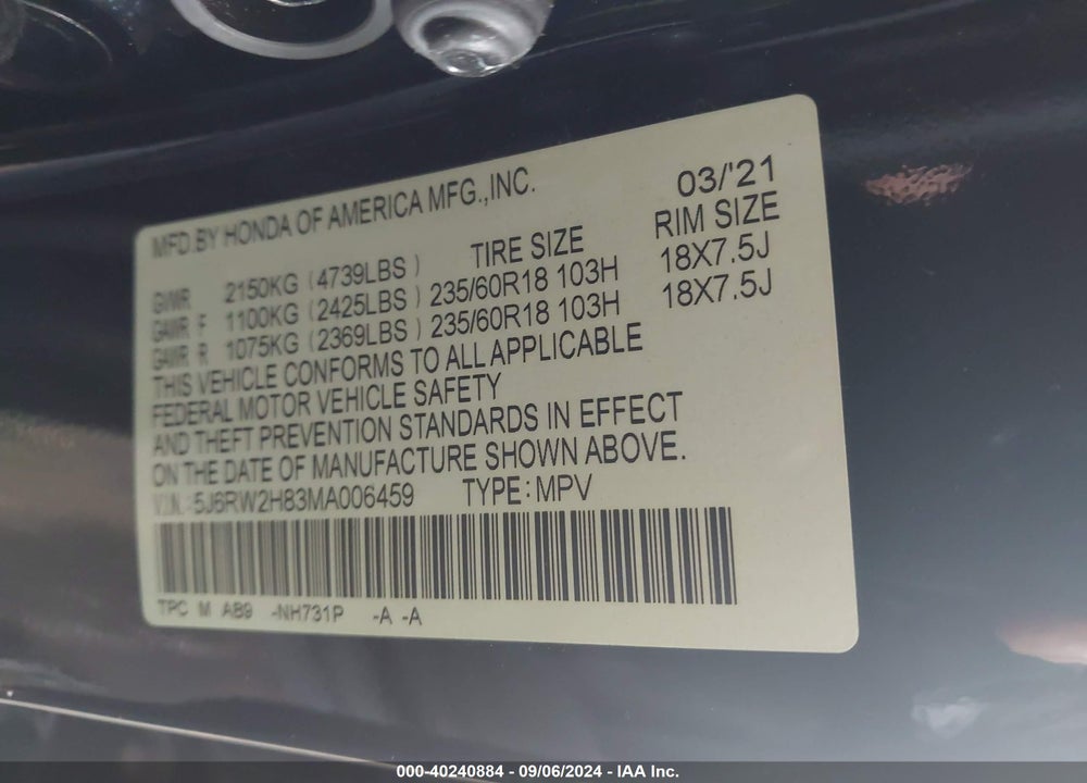 2021 HONDA CR-V AWD EX-L VIN: 5J6RW2H83MA006459
