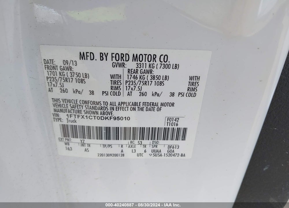 2013 FORD F-150 XL VIN: 1FTFX1CT0DKF95010