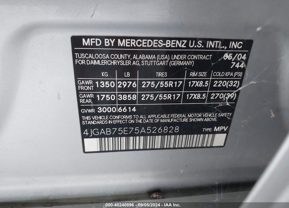 2005 MERCEDES-BENZ ML 500 4MATIC VIN: 4JGAB75E75A526828