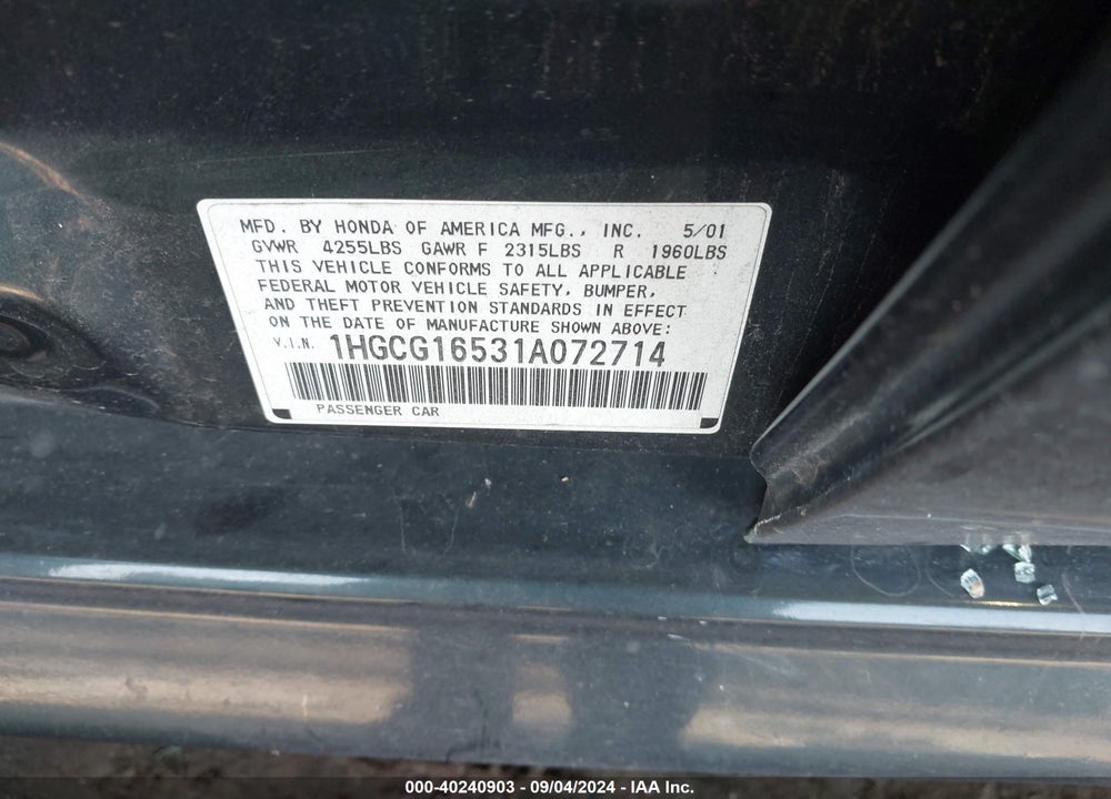 2001 HONDA ACCORD 3.0 EX VIN: 1HGCG16531A072714