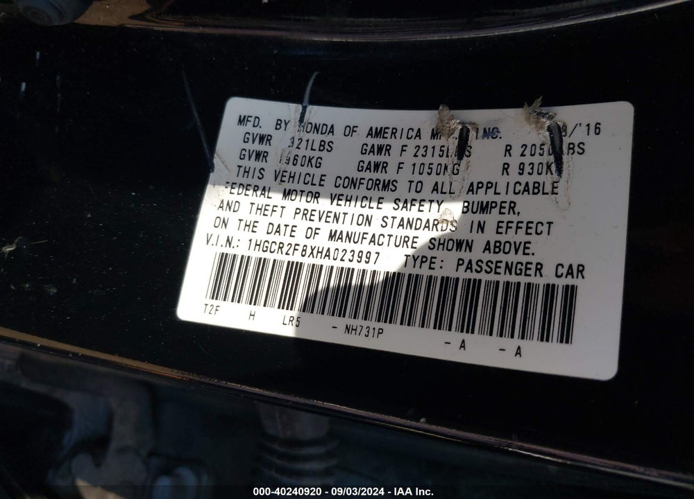 2017 HONDA ACCORD EX-L VIN: 1HGCR2F8XHA023997