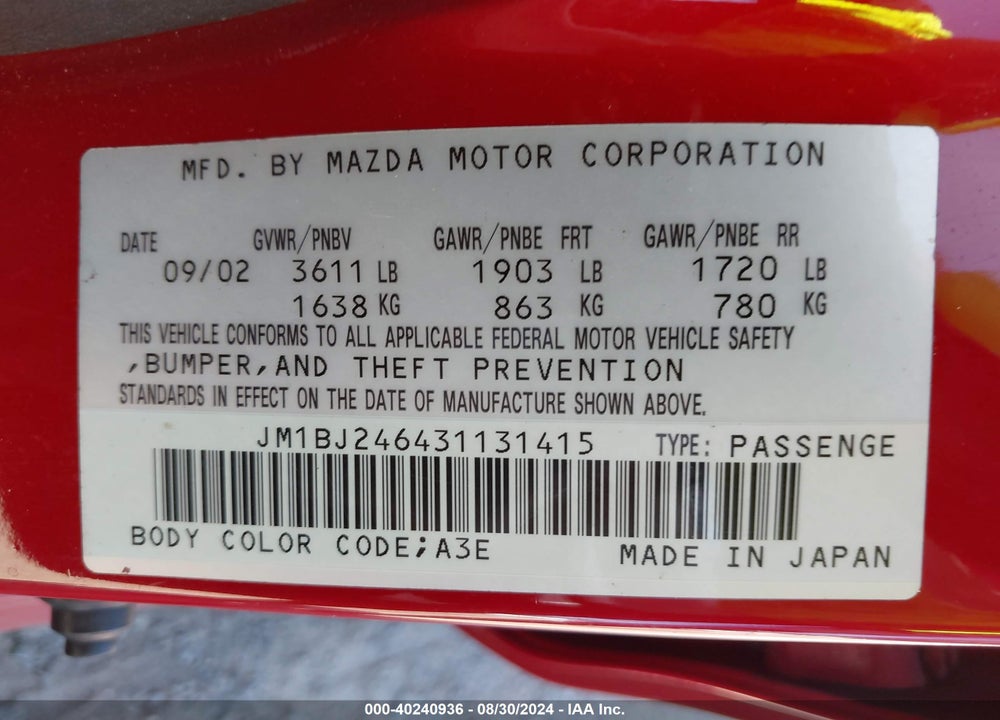 2003 MAZDA PROTEGE5 VIN: JM1BJ246431131415