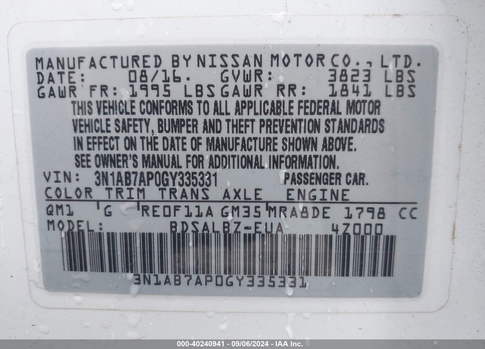 2016 NISSAN SENTRA FE+ S/S/SL/SR/SV VIN: 3N1AB7AP0GY335331
