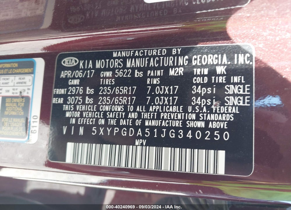 2018 KIA SORENTO 3.3L LX VIN: 5XYPGDA51JG340250