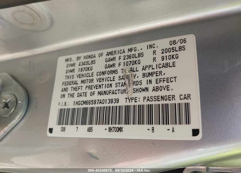 2007 HONDA ACCORD 3.0 EX VIN: 1HGCM66597A013939