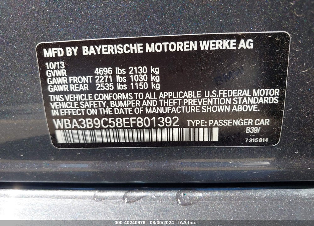 2014 BMW 335I XDRIVE VIN: WBA3B9C58EF801392