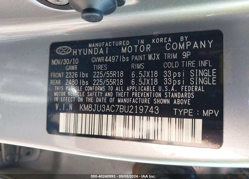 2011 HYUNDAI TUCSON LIMITED VIN: KM8JU3AC7BU219743