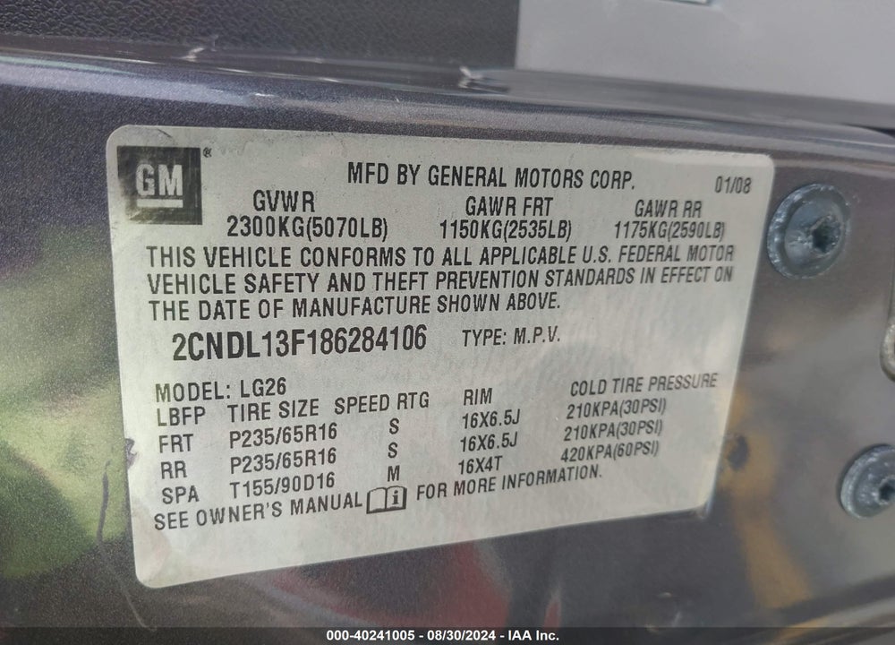 2008 CHEVROLET EQUINOX LS VIN: 2CNDL13F186284106