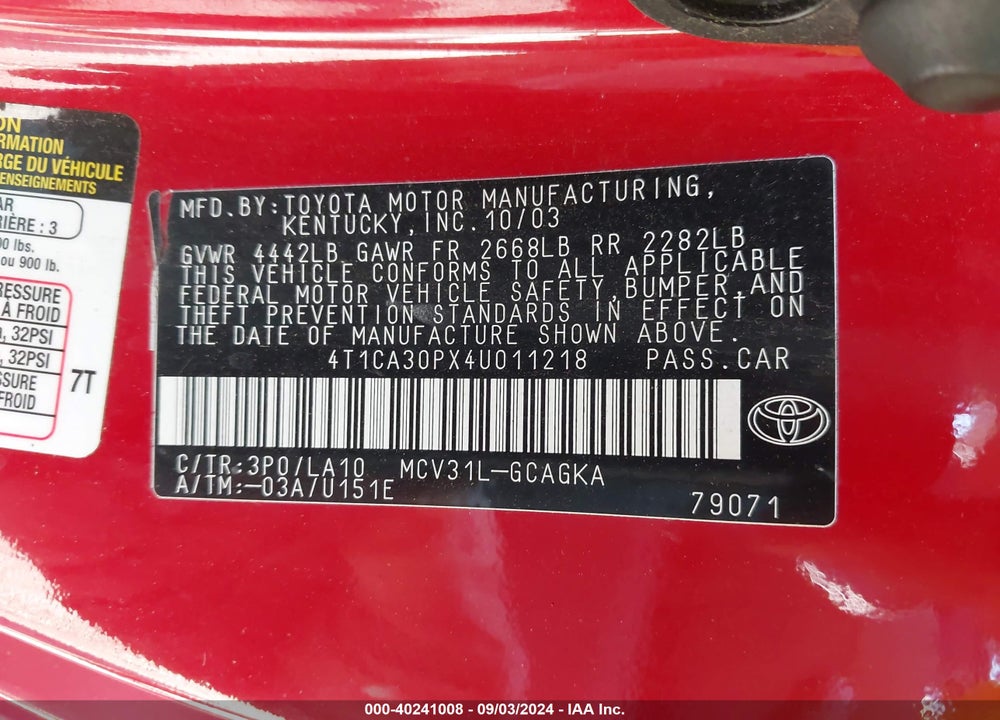 2004 TOYOTA CAMRY SOLARA SLE V6 VIN: 4T1CA30PX4U011218