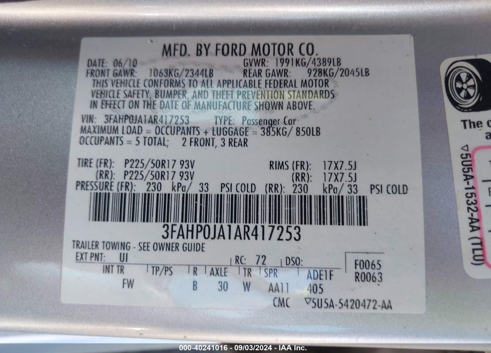 2010 FORD FUSION SEL VIN: 3FAHP0JA1AR417253