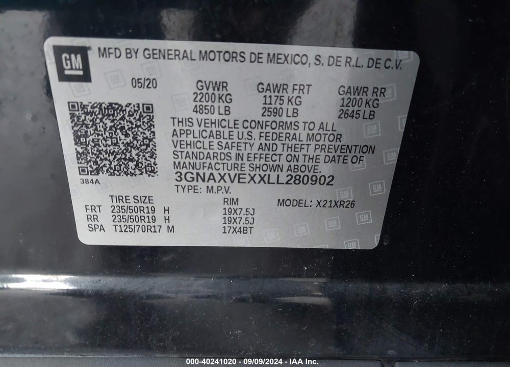2020 CHEVROLET EQUINOX AWD LT 2.0L TURBO VIN: 3GNAXVEXXLL280902