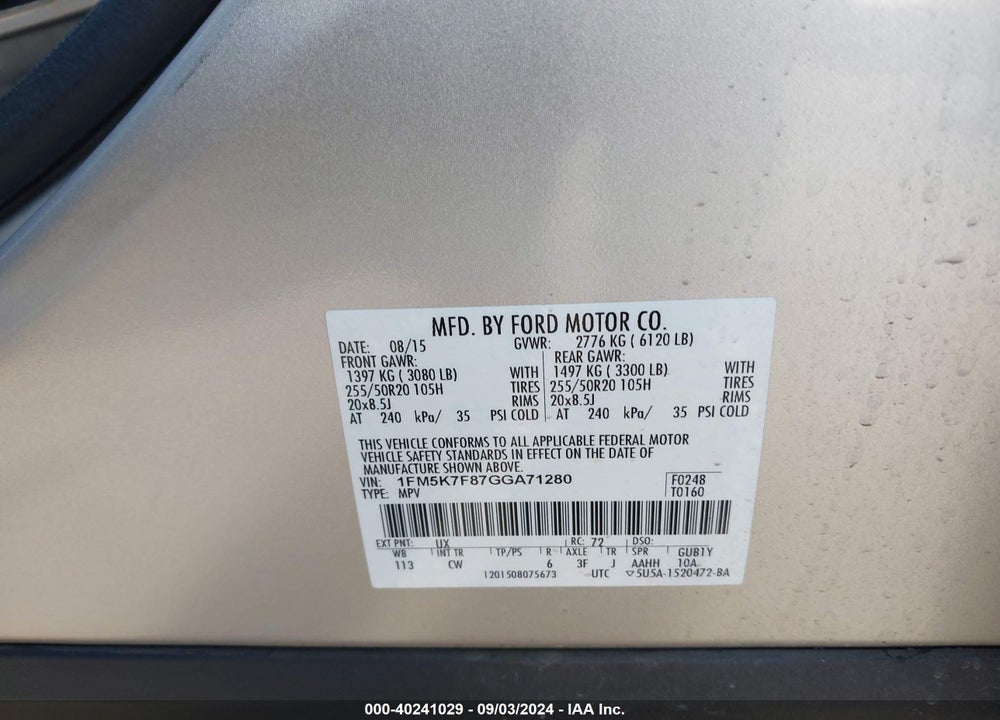 2016 FORD EXPLORER LIMITED VIN: 1FM5K7F87GGA71280