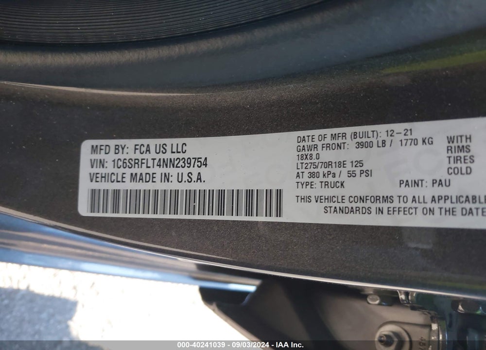 2022 RAM 1500 REBEL 4X4 5'7 BOX VIN: 1C6SRFLT4NN239754