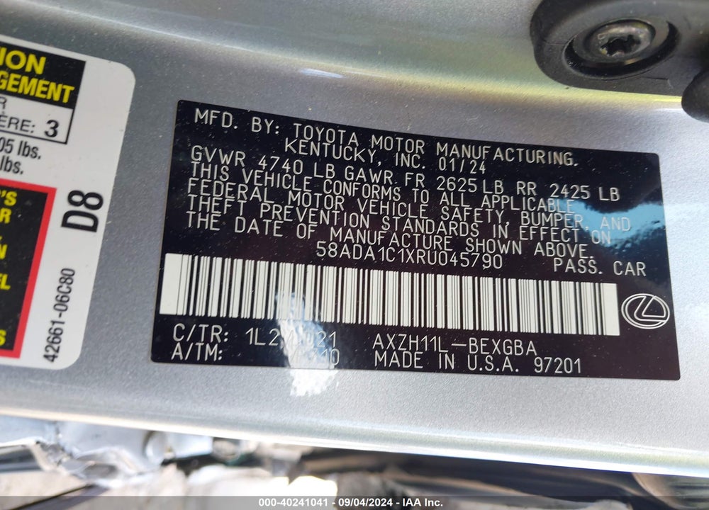 2024 LEXUS ES 300H VIN: 58ADA1C1XRU045790