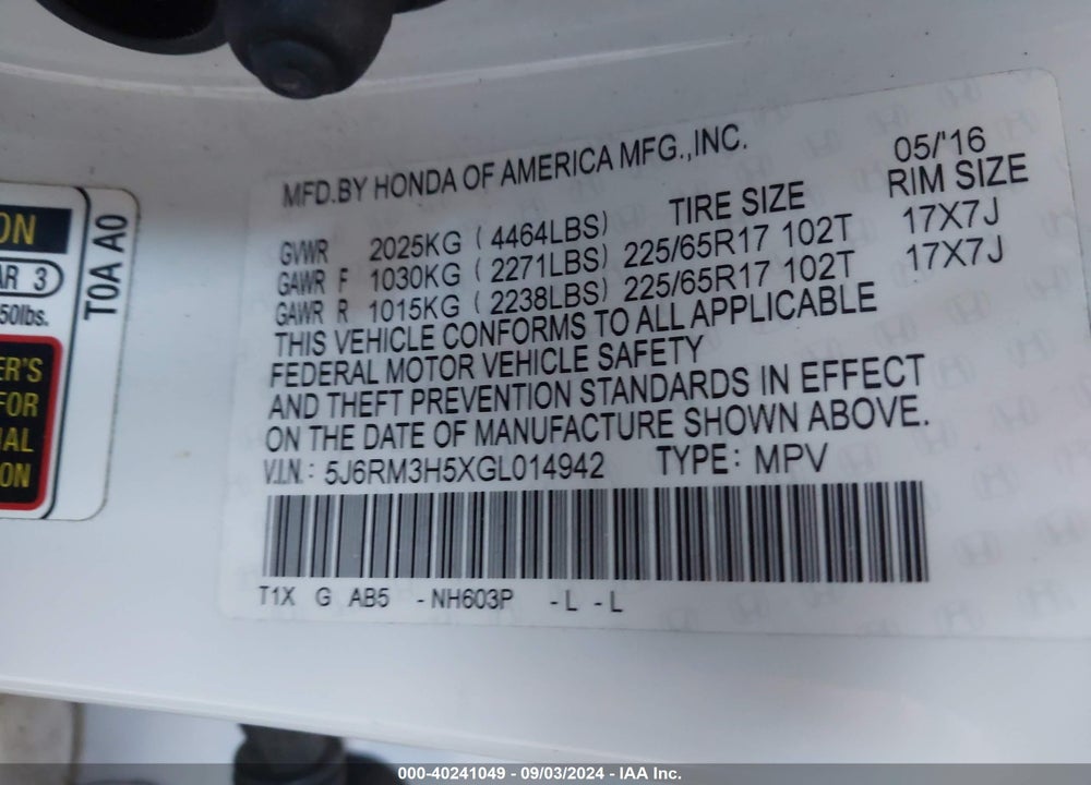 2016 HONDA CR-V EX VIN: 5J6RM3H5XGL014942