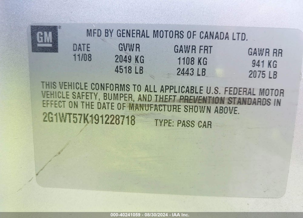 2009 CHEVROLET IMPALA LT VIN: 2G1WT57K191228718