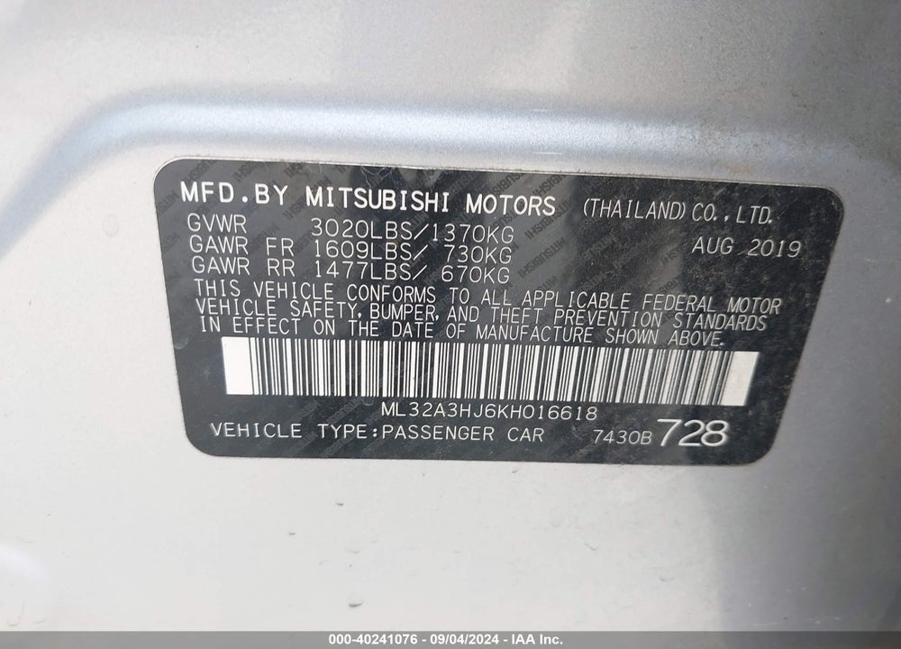 2019 MITSUBISHI MIRAGE RF VIN: ML32A3HJ6KH016618