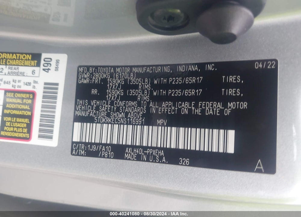 2022 TOYOTA SIENNA LE VIN: 5TDKRKEC5NS116991