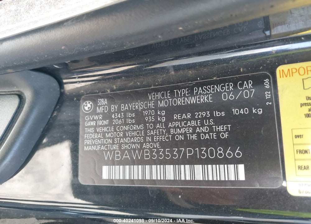 2007 BMW 328I VIN: WBAWB33537P130866