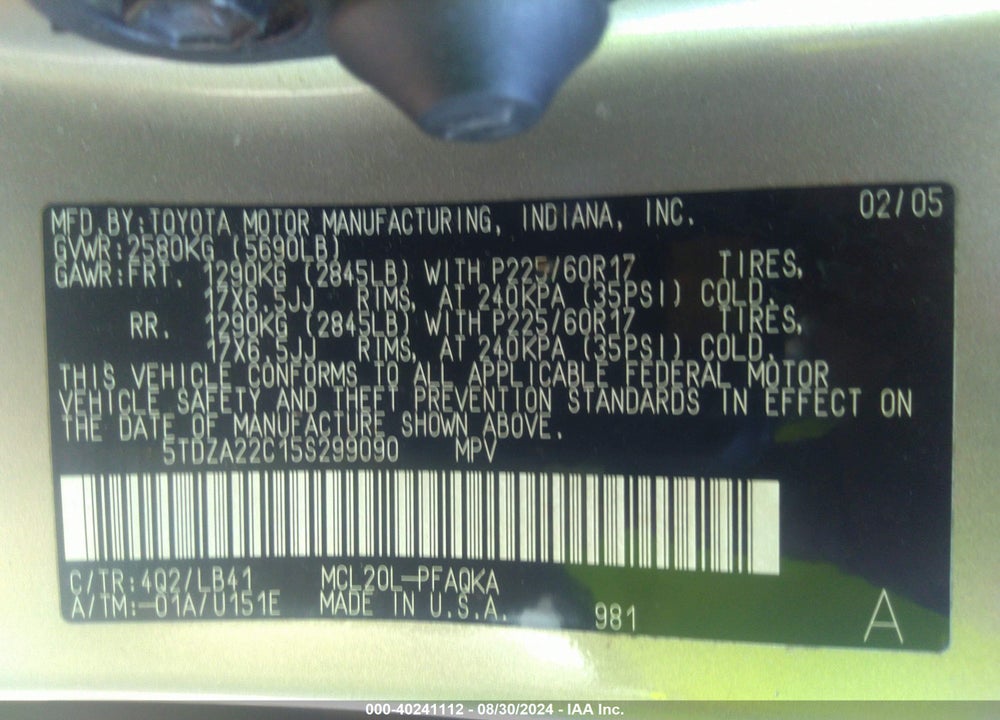 2005 TOYOTA SIENNA XLE VIN: 5TDZA22C15S299090