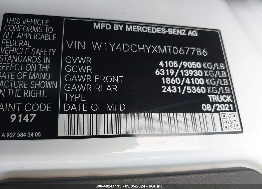2021 MERCEDES-BENZ SPRINTER 2500 HIGH ROOF I4 DIESEL VIN: W1Y4DCHYXMT067786