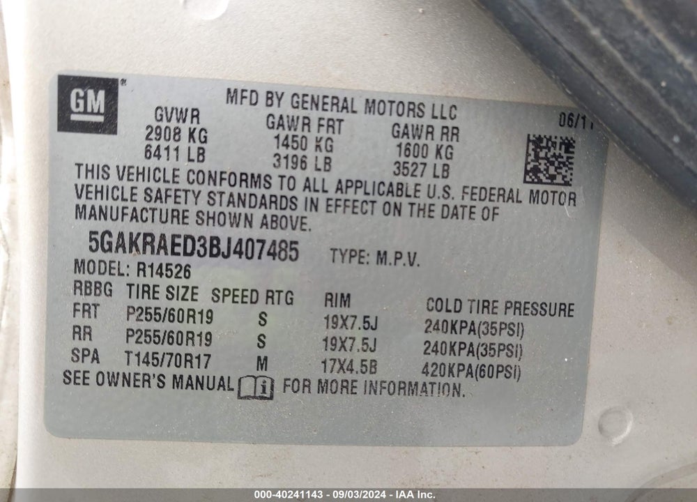 2011 BUICK ENCLAVE CX VIN: 5GAKRAED3BJ407485