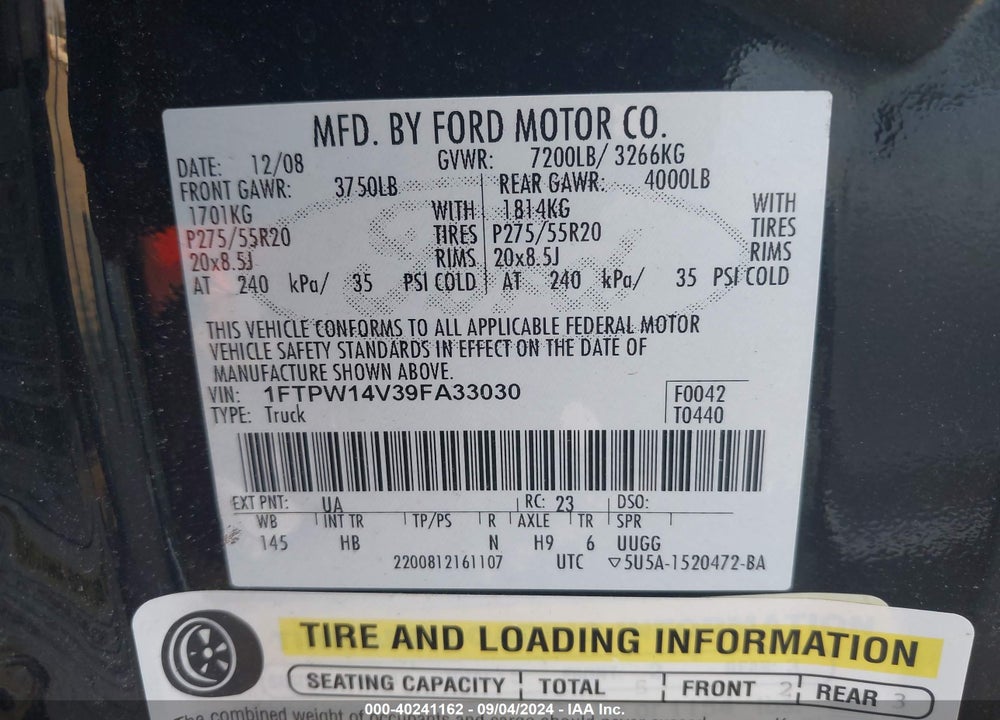 2009 FORD F-150 FX4/KING RANCH/LARIAT/PLATINUM/XL/XLT VIN: 1FTPW14V39FA33030