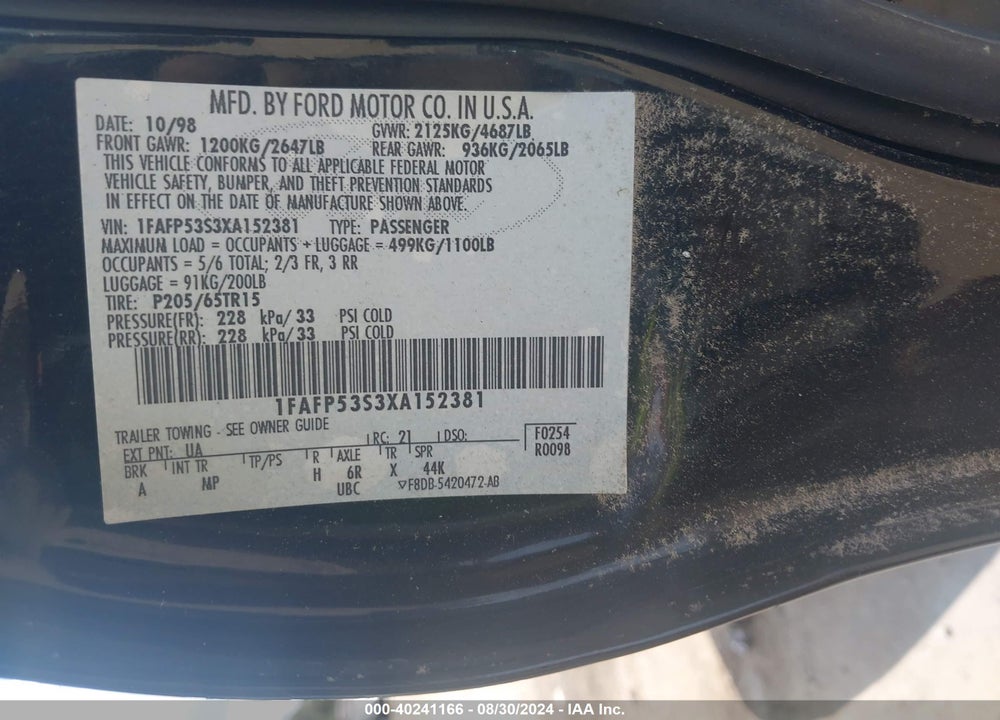 1999 FORD TAURUS SE/SE-NE VIN: 1FAFP53S3XA152381