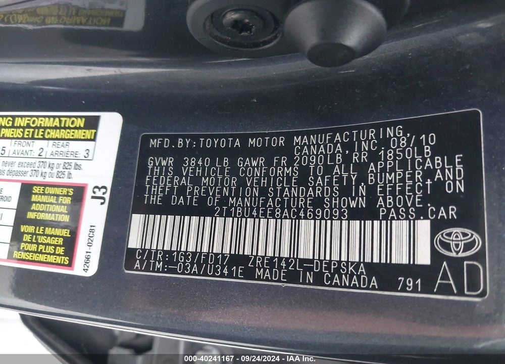 2010 TOYOTA COROLLA S VIN: 2T1BU4EE8AC469093