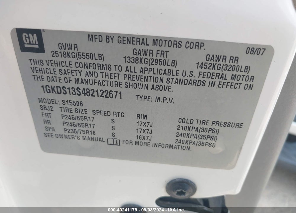 2008 GMC ENVOY SLE VIN: 1GKDS13S482122671