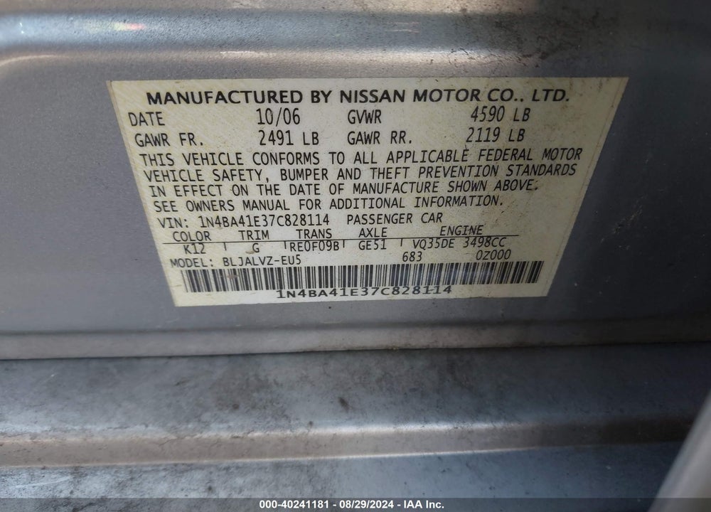 2007 NISSAN MAXIMA 3.5 SE VIN: 1N4BA41E37C828114